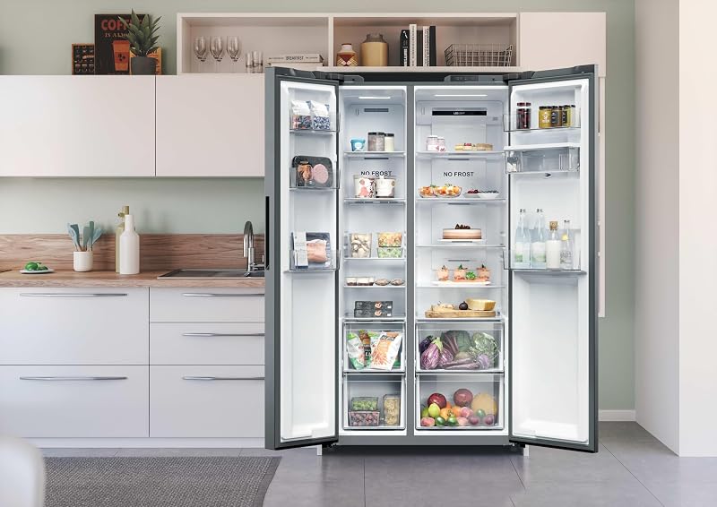 CNSQ2T918EWX, frigorífico lado a lado, 91cm de largura, capacidade de 523L, motor inversor, total sem gelo, dispensador de água, 2 gavetas para legumes, controlo digital interno, iluminação LED, 37DB, Inox