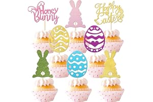 Rsstarxi 32 Pack Happy Easter Cupcake Toppers Glitter Bunny Easter Eggs Cupcake Picks for Bunny Happy Easter Theme Baby Shower Kids Birthday Party Cake Decorations Supplies