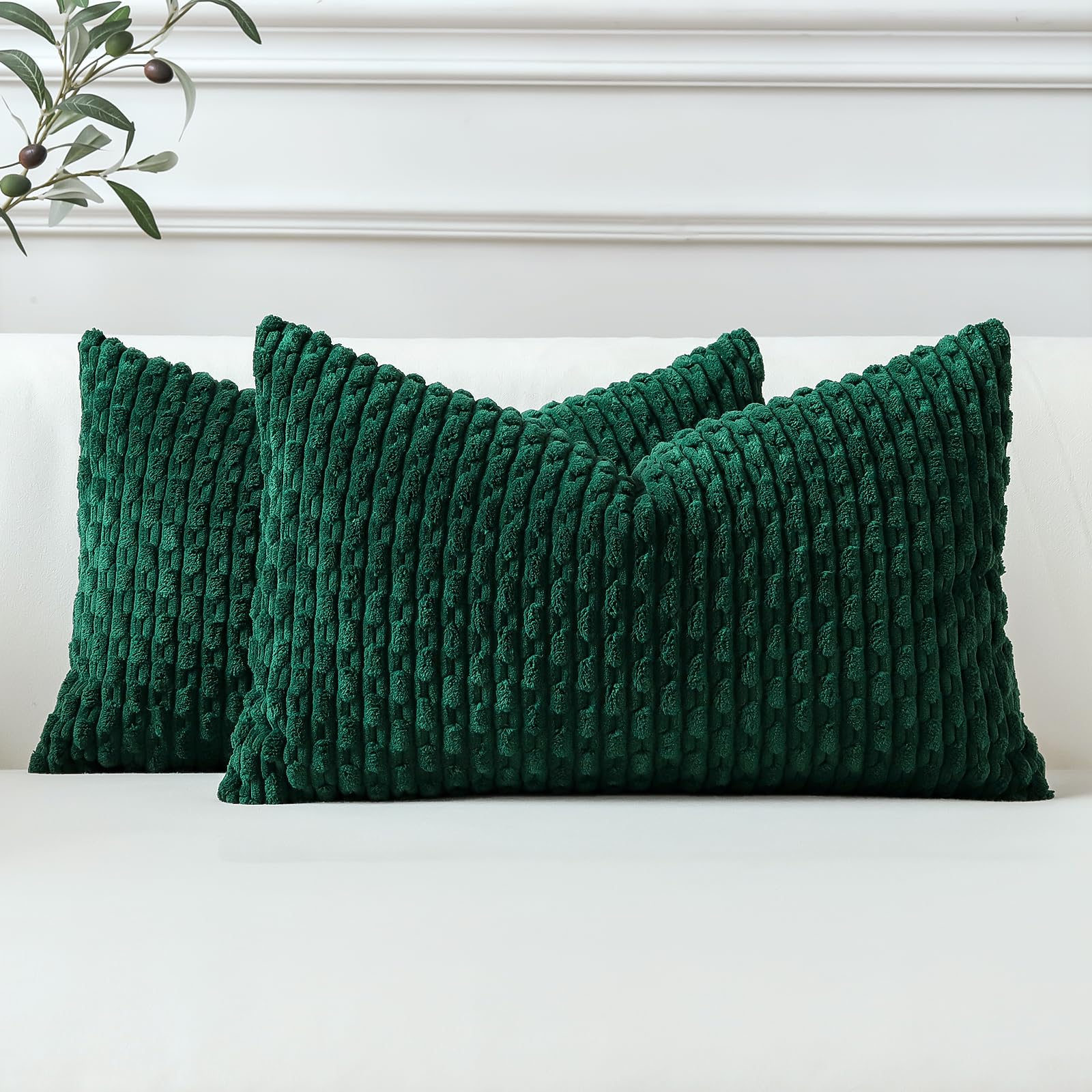 Sungeek Set of 2 Dark Green Soft Corduroy Decorative Cushion Covers Boho Striped Throw Pillow Covers for Sofa Couch Living Room Patio Farmhouse Home Decor Pillowcases 40x60cm