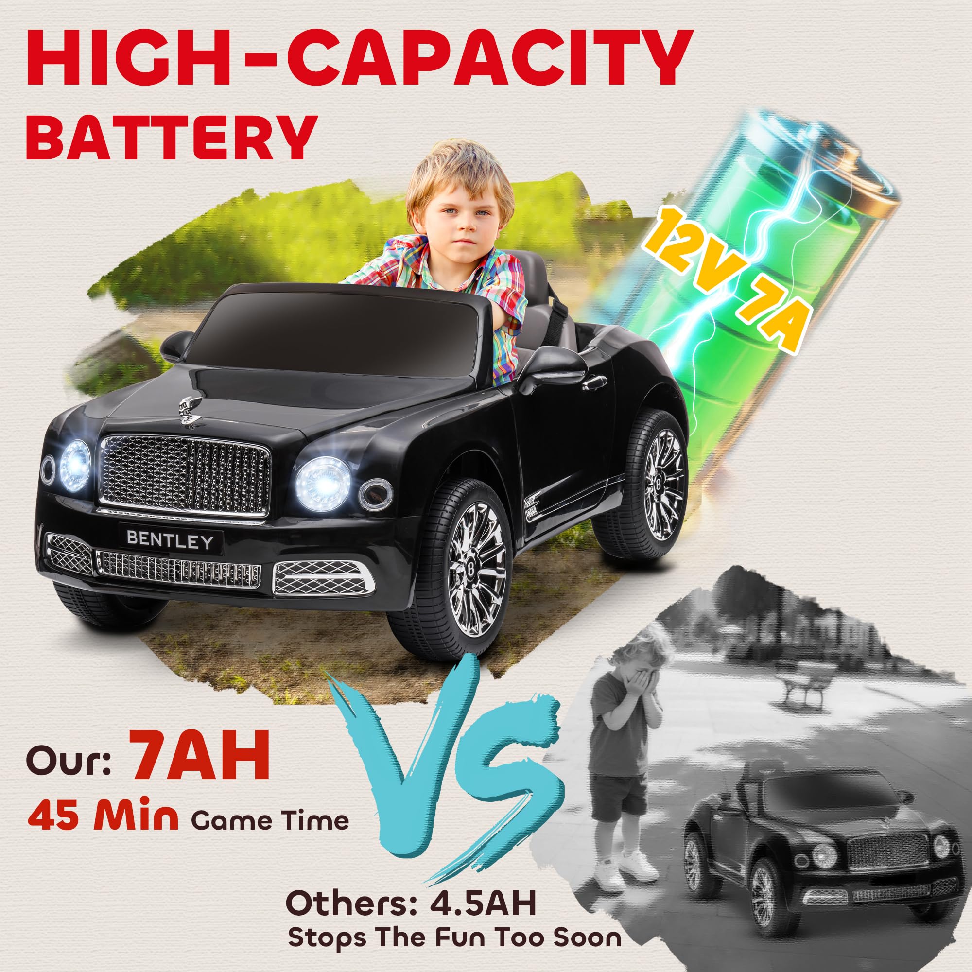 Aosom Bentley Mulsanne 12V Ride on Car, Battery Powered Car with Remote Control, Suspension, Startup Sound, LED Lights, MP3, Horn, Music, Forward and Backward, 2 Motors, Black