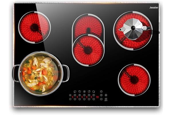 Jessier Electric Cooktop 30 Inch(Cut-out Size: 29.13"x19.3") - 30" Built-in Electric Stove 8400W, 5 Burner Ceramic Stove with Metal Frame, Timer, Safety Lock, Dual Ring, 220V Hard Wired (No Plug)