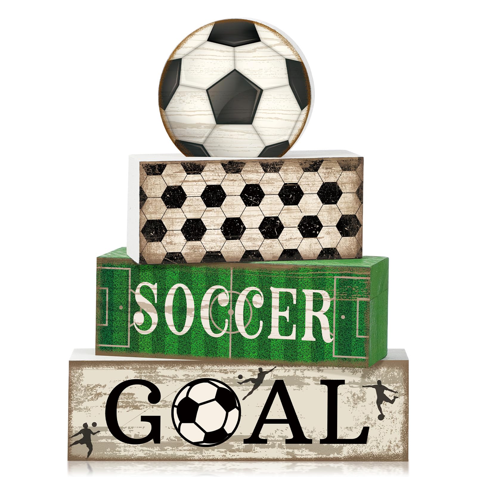 Photo 1 of Moucuny 4 Pcs Soccer Party Decorations Soccer Table Centerpiece Football Tiered Tray Decor Wooden Ball Block Signs Gift Sports Themed Table Decorations for Boys Baby Shower Party Supplies Decor