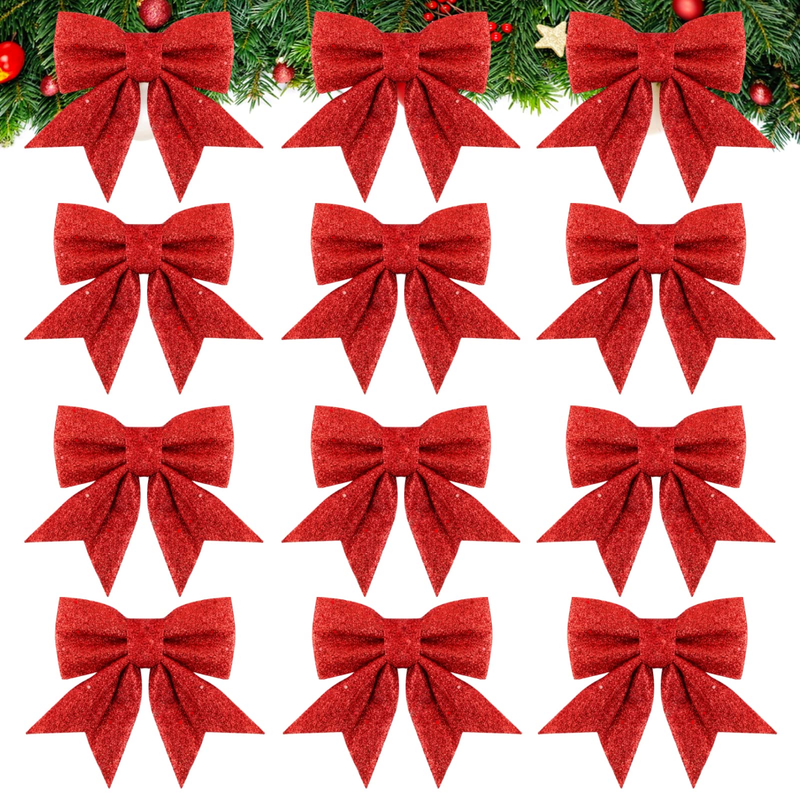 12pcs Large Red Bows for Christmas Tree Decorations Glitter Decorative Bow for Christmas Tree Decorations Ornaments (Red)