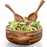 Tidita 12" Salad Bowl Set with 2 Wooden Hands - Large Acacia Wood Serving Bowl with Serving Utensils - Big Mixing Bowl for Fruits, Salad,Pasta for Kitchen Counter (12" Diameter x 4.5" Height)