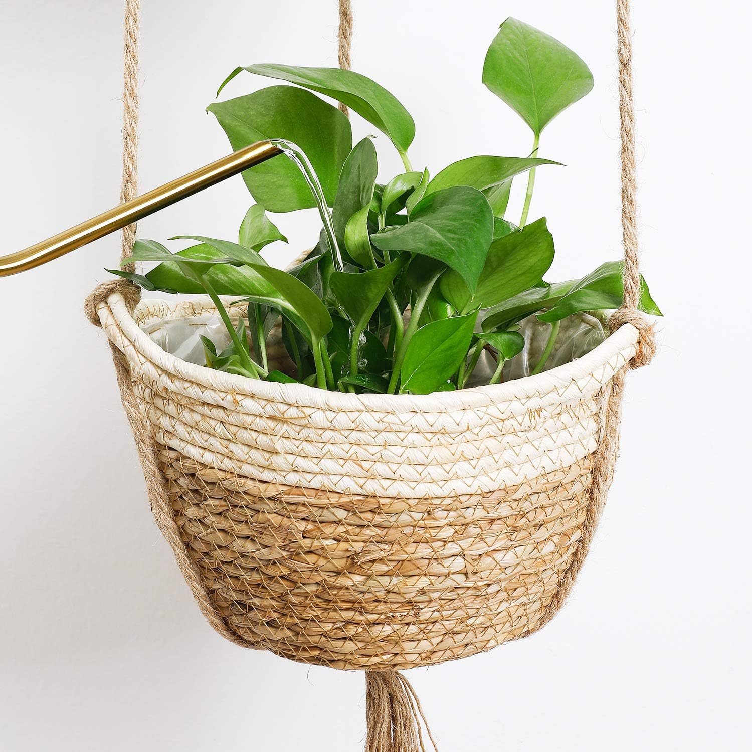 Seagrass Hanging Planters Basket Indoor - Hanging Two Layers Natural Seagrass Basket Flower Pot Holder Containers Storage Organizer with Waterproof Plastic Liner, 53 Inch Long (Brown&Beige): Garden & Outdoor
