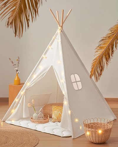 Tiny Land Teepee Tent for Kids with Padded Mat and Lights