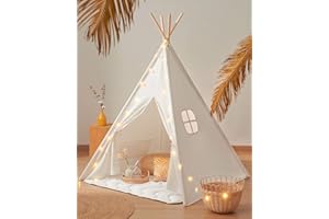 Tiny Land 100% Cotton Large Kids Teepee Tent with Padded Mat & Light String & Carry Case-Kids Foldable Play Tent -Toys for 3,