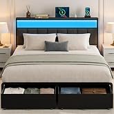 UHTN Queen Bed Frame with 2 Storage Drawers, Grey Upholstered | Headboard with Charging Station and LED Lights, Metal Platform Bed with Storage Shelf, Noise Free, No Box Spring Needed