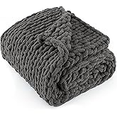 LONG CREATE Chunky Knit Throw Blanket 50"X 60", 100% Handmade with Soft Chenille Yarn, 4.4lbs Thick Cable Knitted Blankets, Large Rope Knot Crochet Throws for Couch Sofa Bed Home Decor, Dark Grey