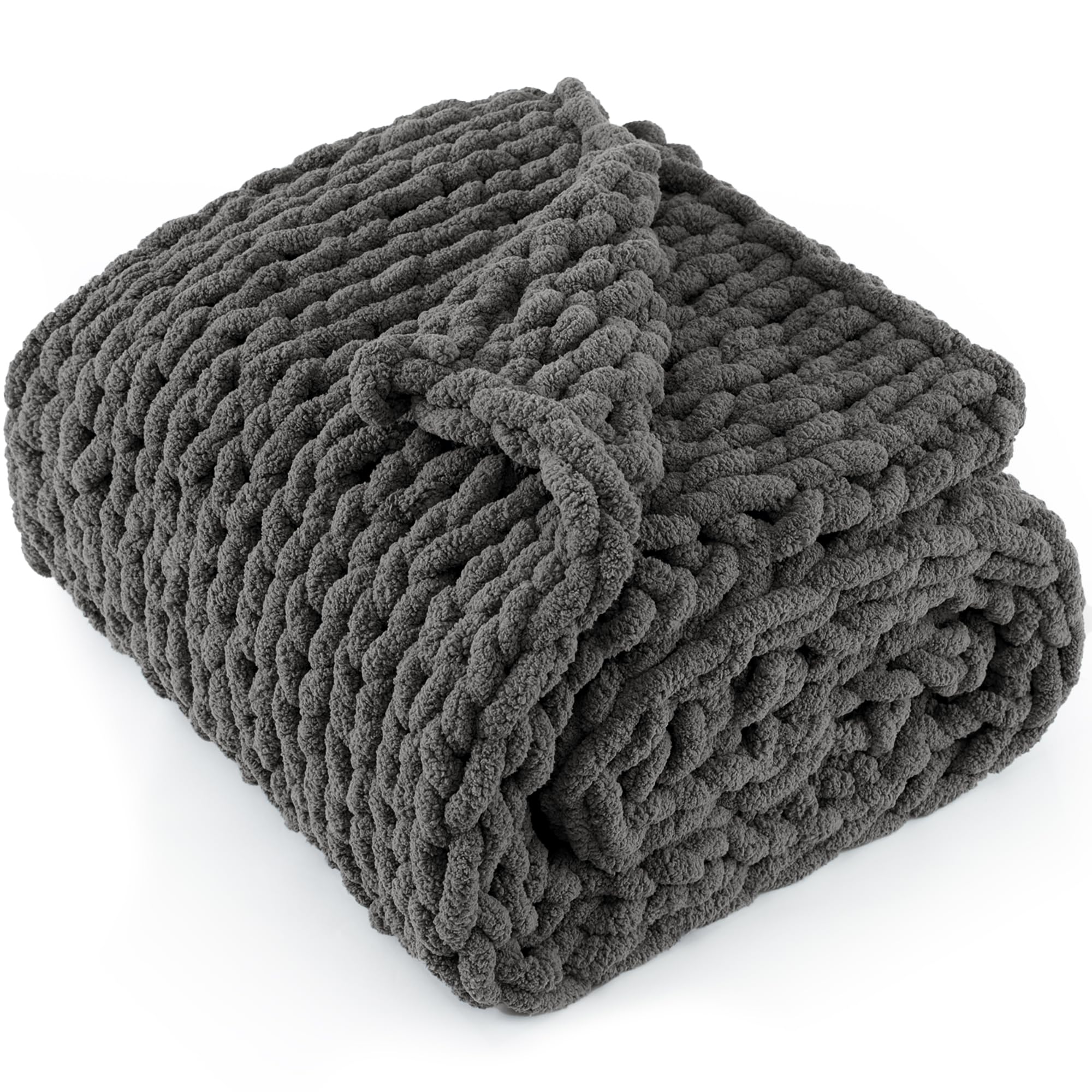 Photo 1 of LONG CREATE Chunky Knit Throw Blanket 50"X 60", 100% Handmade with Soft Chenille Yarn, 4.4lbs Thick Cable Knitted Blankets, Large Rope Knot Crochet Throws for Couch Sofa Bed Home Decor, Dark Grey