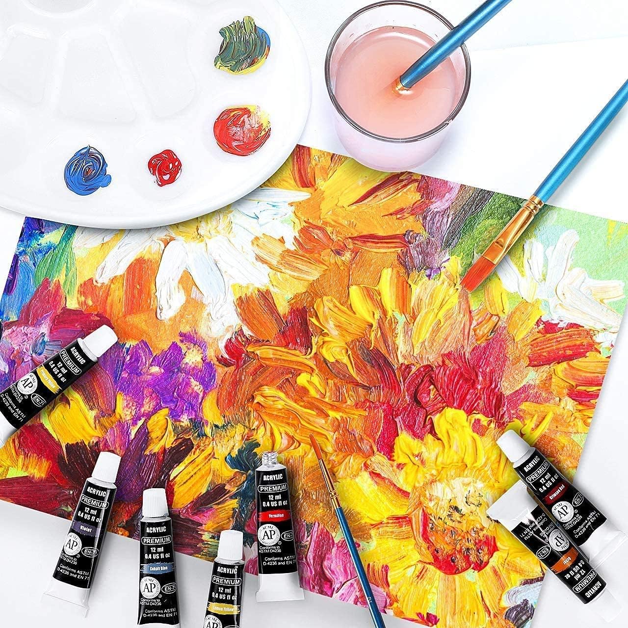 Acrylic Paint Set, Emooqi 45 Piece Professional Painting Supplies Set, Includes 24 Acrylic Paints, 16 Painting Brushes with Bag, Paint Knife, Art Sponge and Paint Palette, Arts Crafts Supplies