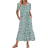 AUSELILY Summer Dresses Women 2025 Flowy Short Sleeve Maxi Dress V Neck Casual Tiered Sundress with Pockets