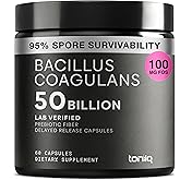 Toniiq Bacillus Coagulans Probiotic Supplement – Ultra High Strength 50 Billion CFU with FOS Prebiotic – Spore-Based Probiotic for Exceptional Stability – Third-Party Tested – 60 Capsules