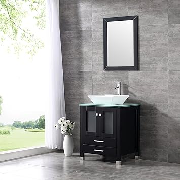 Amazon Com Walcut 24 Black Bathroom Vanity Mdf Cabinet With Vanity Mirror Tempered Glass Counter Top White Ceramic Vessel Sink With Faucet And Pop Up Drain Kitchen Dining