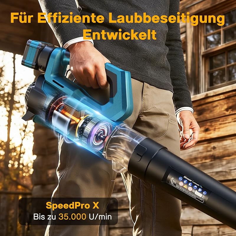 Akku Laubbläser Kabellos, Leicht und Bürstenlos, 4 Stufen+Turbo, 2 Akkus