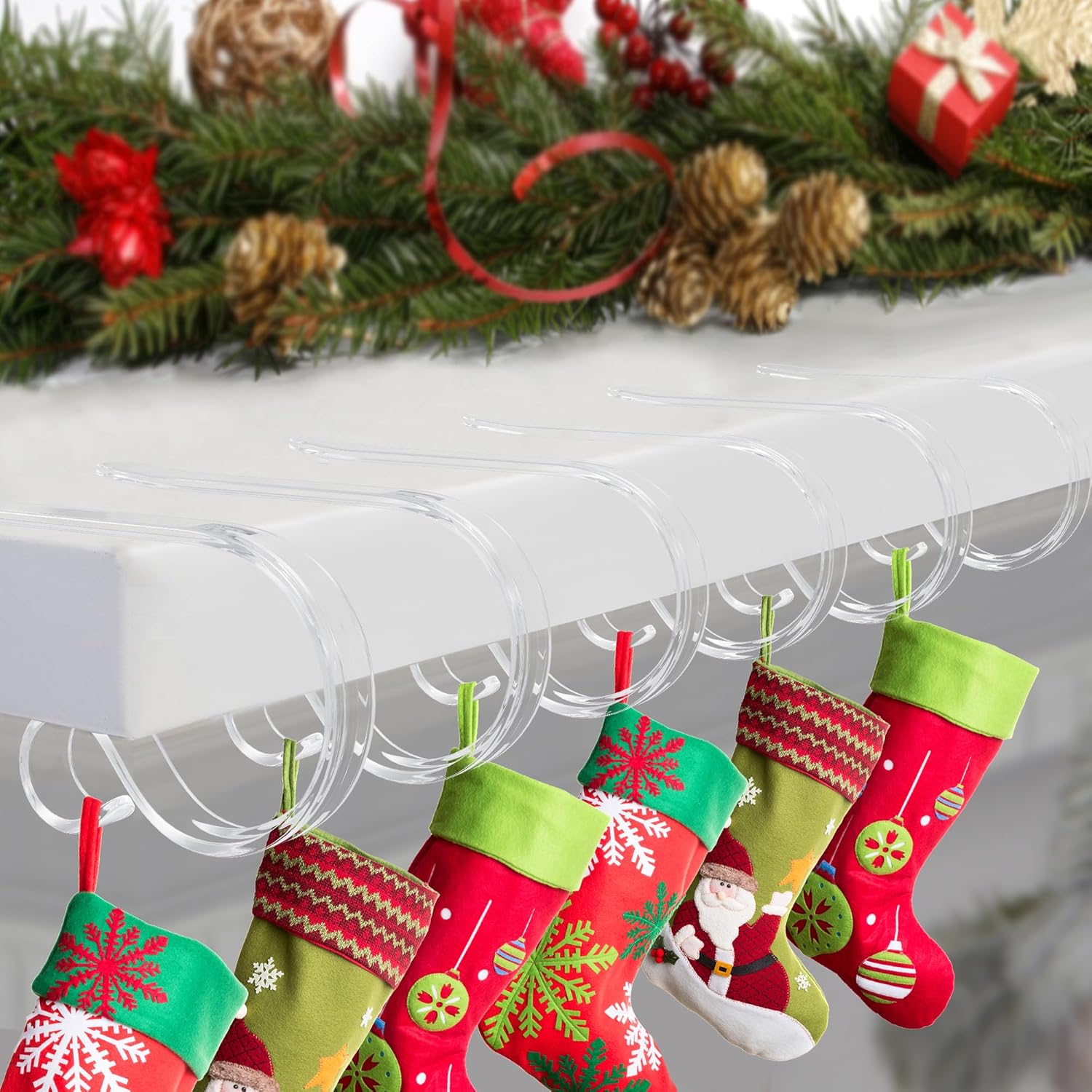 Stockings & Holders - SPSHENG Christmas Stocking Holders for Mantle, 4 Pack Stocking Hangers for Mantel, Non-Skid Stocking Hangers, Lightweight Stocking Hooks for Fireplace Home Party Decor
