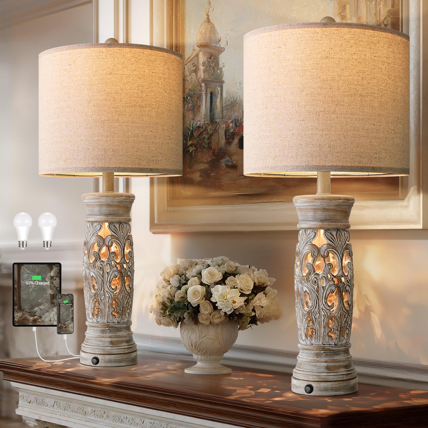 Photo 1 of BOBOMOMO 27.25” Rustic Farmhouse Table Lamps Set of 2 – Vintage Bedside Lamps with Night Light & USB A+C Ports, Retro Lamps for Bedroom, Living Room, Entryway, Cozy Corner (Bulbs Included)