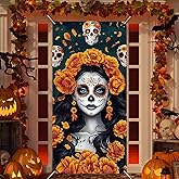Dia De Los Muertos Door Cover Day of The Dead Porch Sign Banner Gothic Halloween Mexican Fiesta Party Decor Sugar Skull Marigold Flowers Decoration for Mexican Wall Front Porch Indoor Outdoor Supplies