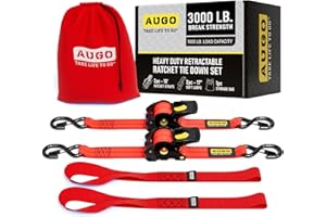 AUGO Retractable Ratchet Straps | 2 Heavy Duty Ratchet Straps Self Retractable Tie Down Straps with Soft Loops & Storage Bag for Motorcycle, Truck, Trailer, Cargo Van | 3000 Lb Break Strength 2” x 10’