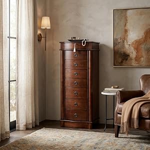 Hives and Honey Noel Standing Jewelry Armoire Cabinet, Locking Organizer with Flip Top Mirror, 2 Side Doors, 7 Drawers, Jewel