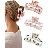 Mesovor 3 Pack Bow Cherry Printed Hair Claw Clips, Non-slip 3.54" Medium Square Hair Grip Clawclips | Acrylic Strong Hold Banana Clips (Bow: Red, Purple, Black)