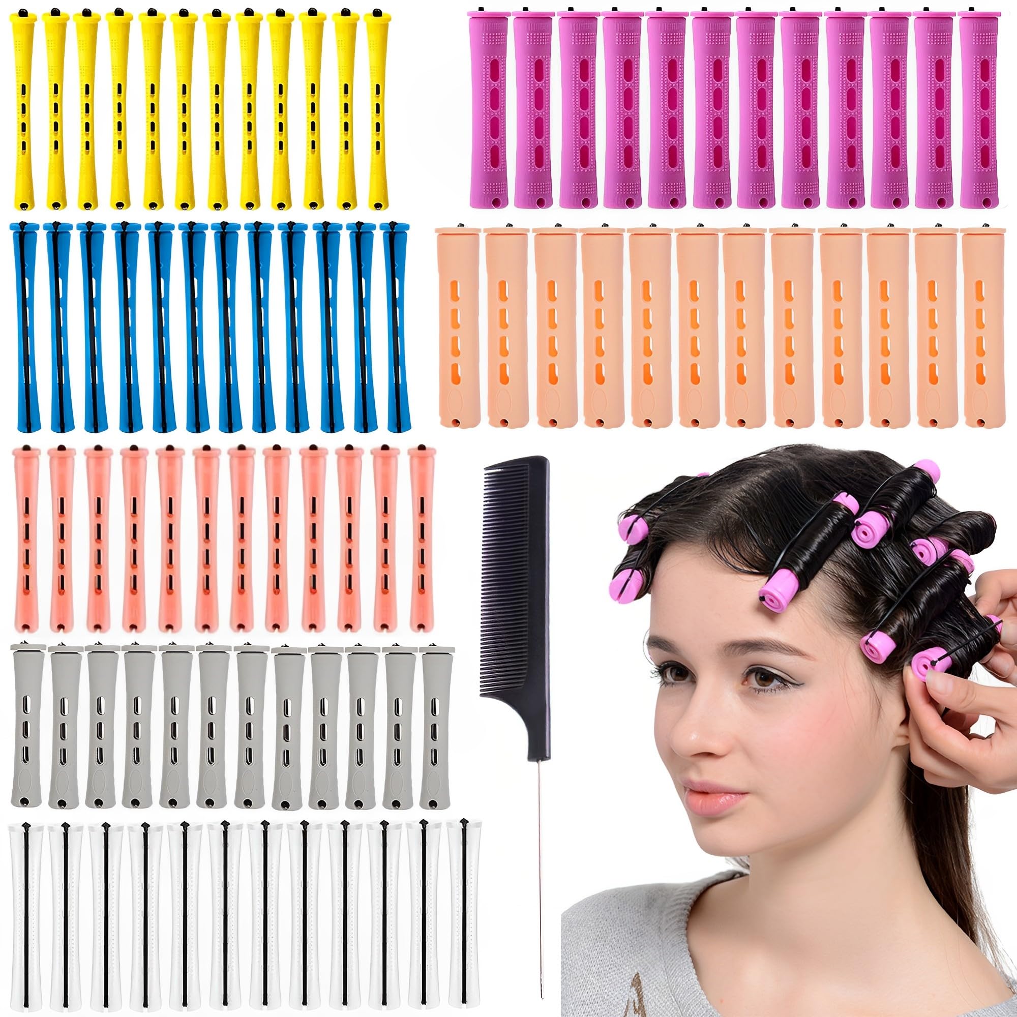 XSQD 85pcs Cold Perm Curler, Steel Needle Comb Fluffy Naturally Curly Hairstyle，No Harm Hair, No Heat Bangs Curly Hair Bars, Plastic Cold Perm Curling Stick Long Short Hairs Styling Design Tool