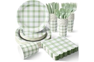 Vyntra 175 Pcs Sage Gingham Party Plates and Cutlery Set for 50, Birthday Paper Plates, Napkins and Cups, 7 Inch Dessert Plat