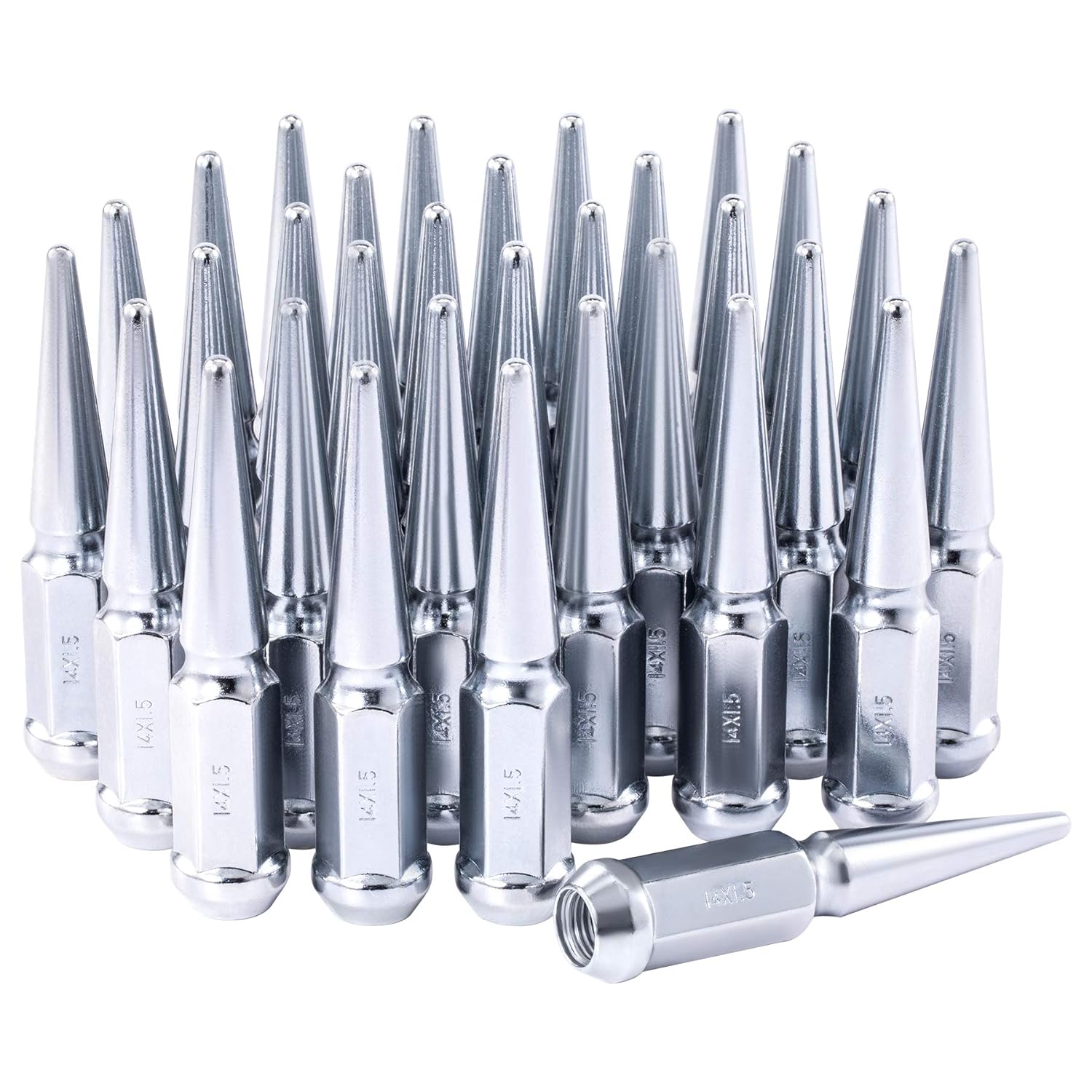M14x1.5 Spike Lug Nuts with Cone Seat, 3/4" 19mm Hex 4.4x0.9 in. Chrome Plated Wheel Accessories Compatible with Chevrolet Silverado 1500 2500 3500 Ford F-250 F350 Super Duty & More, Set of 32: Industrial & Scientific