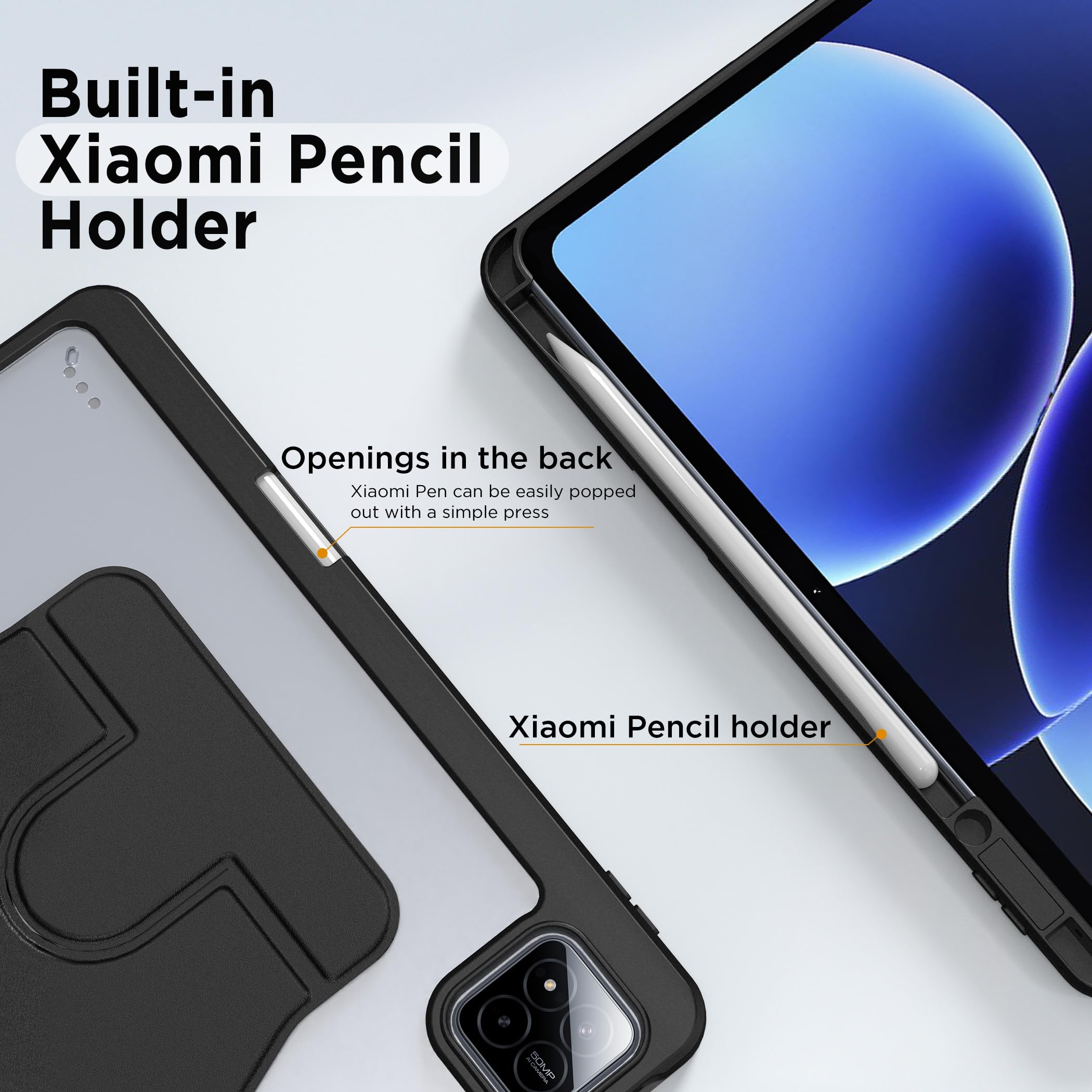 EasyAcc Drehbare Hülle für Xiaomi Pad 7/ Pad 8/ Pad 7 Pro/Pad 8 Pro 11.2 Zoll mit Xiaomi Pen Halter, Acryl Schutzhülle 360 Grad Drehbare mit Stoßfest Grenze, Schwarz 7