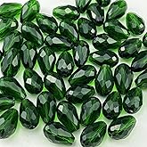 YUEXIGO 100pcs 8x12mm Teardrop Crystal Glass Beads for Jewelry Making, Faceted Vertical Hole Teardrop Glass Spacer Beads for Wind Chimes Bracelet Earring Necklace DIY Craft(Dark Green)
