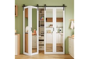 AINLARRY 80"x84" HD Explosion-Proof Mirror Bi Fold Barn Door, Pre-Assembled Panel & Paintable Primed White Finish Bifold Barn Door with Hardware Kit Included, Barn Doors Bifold Closet Doors for Pantry Laundry