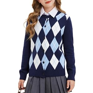 GRACE KARIN Girls Cardigan Sweater Button Argyle Knit School Uniform 6-14Y | Long Sleeve Crew Neck Ribbed Knitted Cardigan, S
