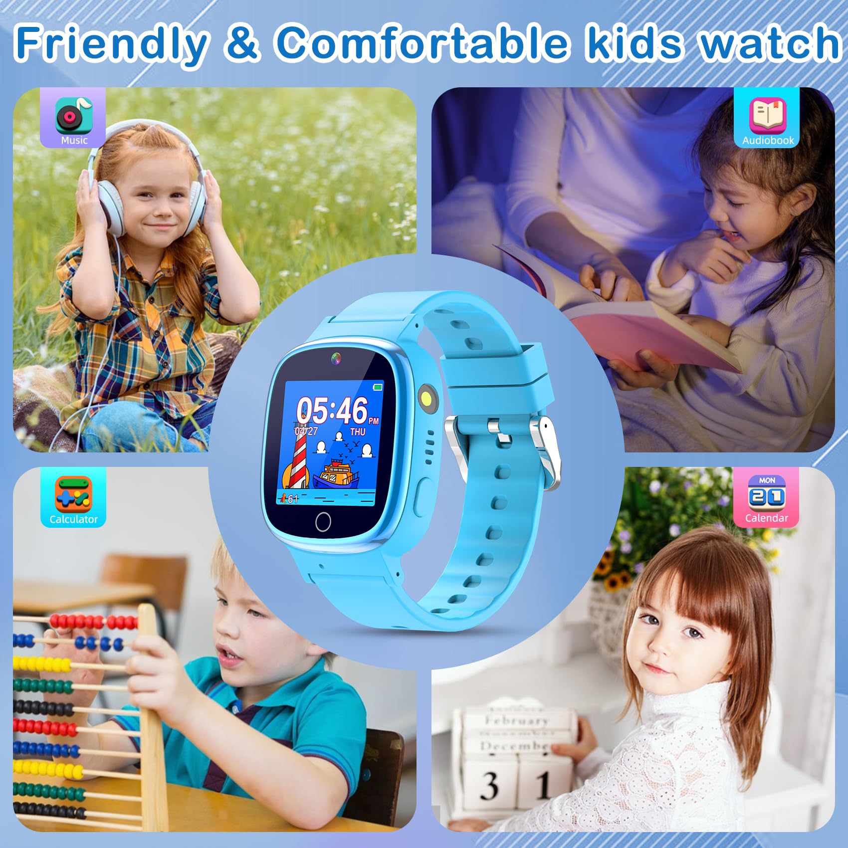 Kids Watch with 24 Puzzle Games, HD Touch Screen Smart Watches for Kids with Camera Video Music Player Pedometer Flashlight Alarm, 12/24hr Watch for Boys, for Boys 3-12, Blue