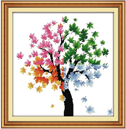 Avenueslink Cross Stitch Kits Counted Fabric 14ct Diy Dmc Embroidery Kits Colorful Tree Patterns Ornaments Wall Hanging Home Decor For Adults The Four Seasons Of Life Small Amazon Co Uk Kitchen Home