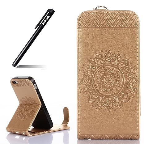 iPhone 5S Hülle Leder,BtDuck 360 Grad Tasche Vertikal Klappbar aus Echtleder Wallet Flip Cover Bookstyle Case mit Magnet Luxu
