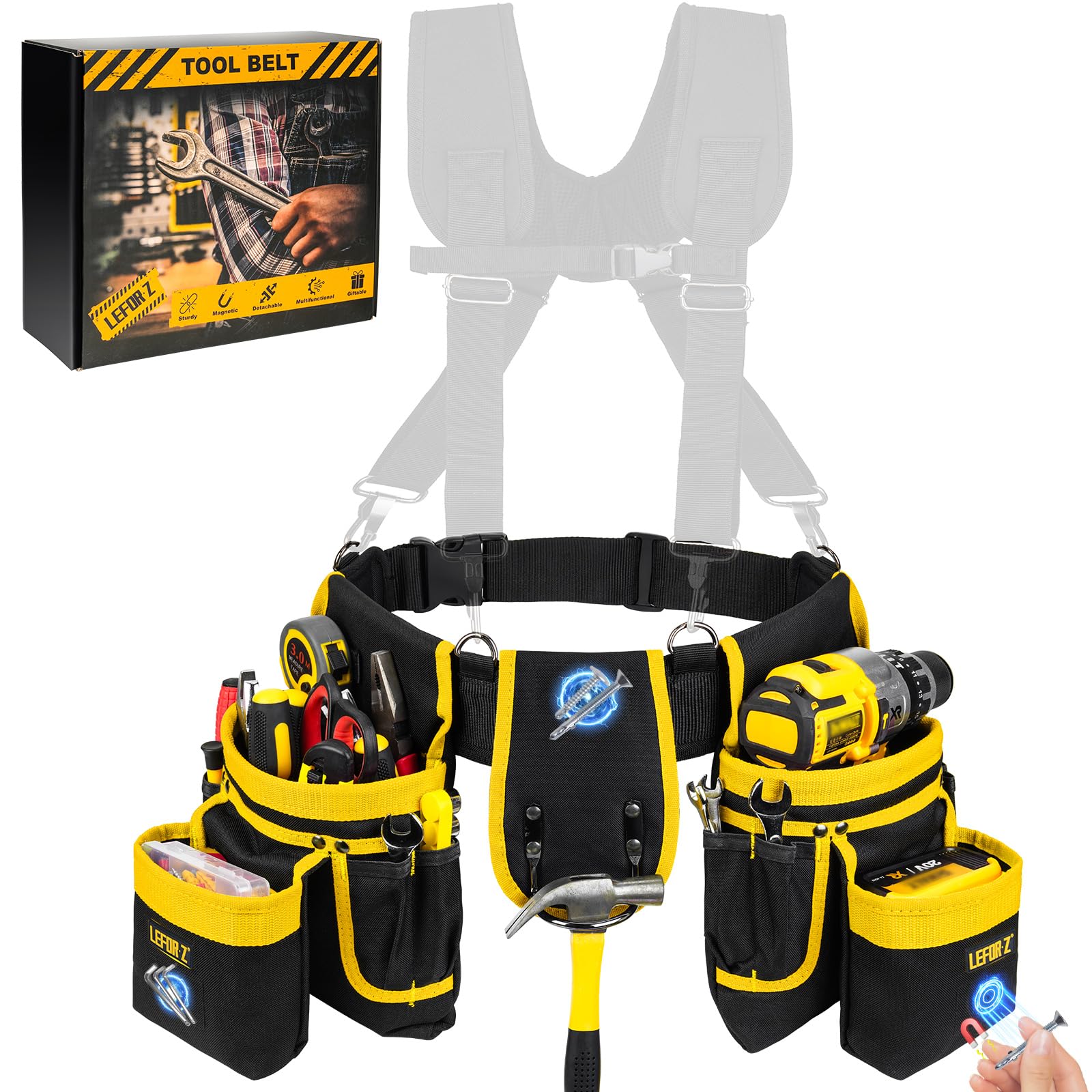 LEFOR·Z Tool Belt with 4 D-Rings,27-Pockets Tool Belts for Men,Construction