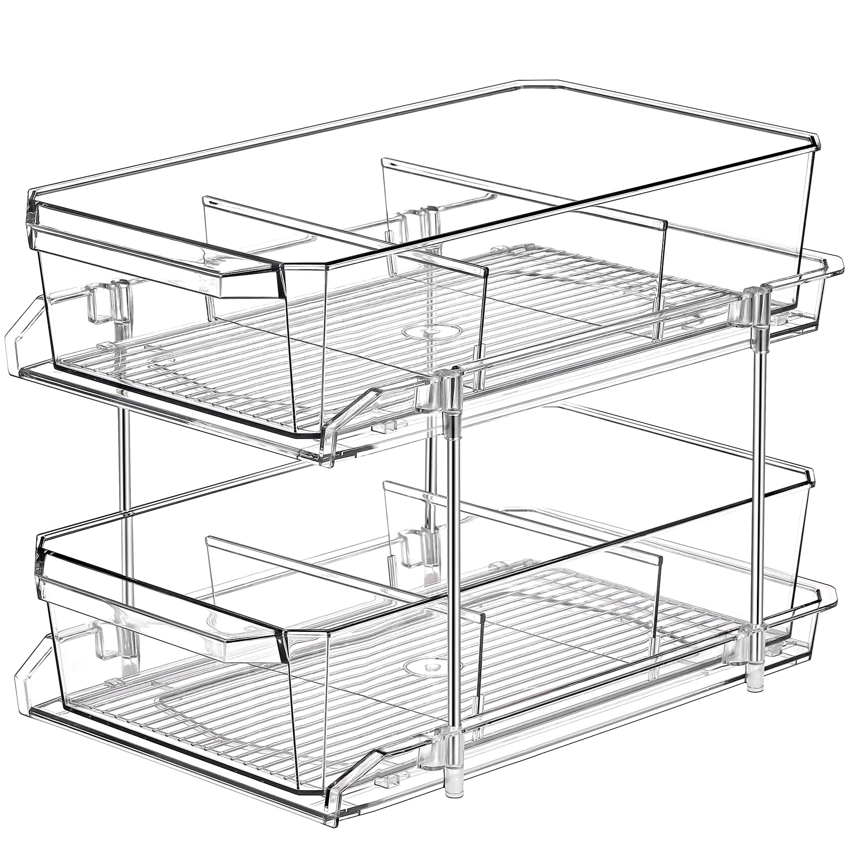 Photo 1 of 2 Tier Clear Organizer with Dividers for Cabinet, Shlef, Counter - MultiUse Slide-Out Storage Container - Kitchen, Pantry, Medicine Cupboard Bins, Bathroom, Vanity Makeup, Under Sink Organizing