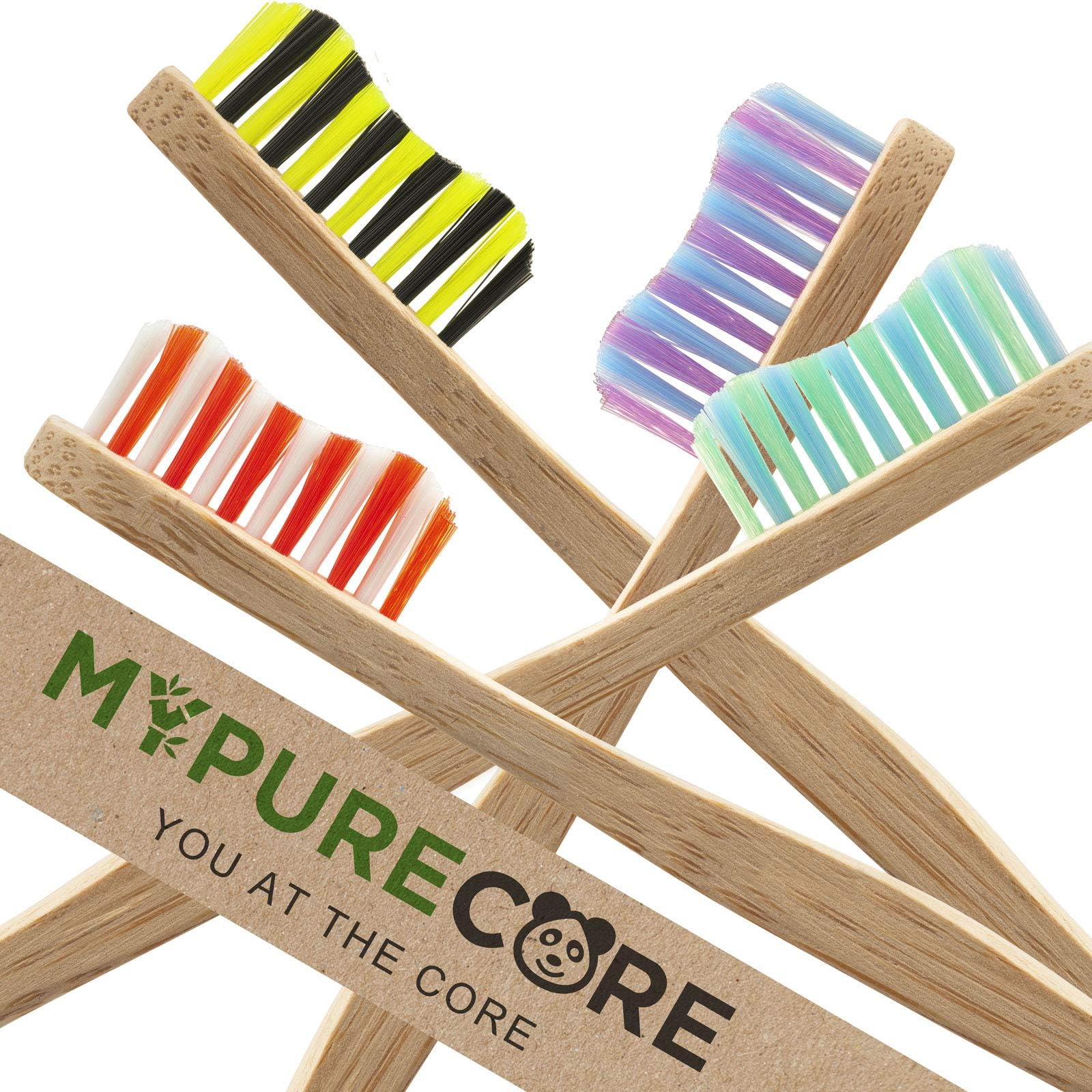 Bamboo Toothbrushes | Family Pack of 4 | Eco & Vegan Friendly | Wooden Toothbrush Set by MYPURECORE | 100% Recyclable and Biodegradable | Plastic and BPA Free | Medium Soft Bristles | Natural Organic