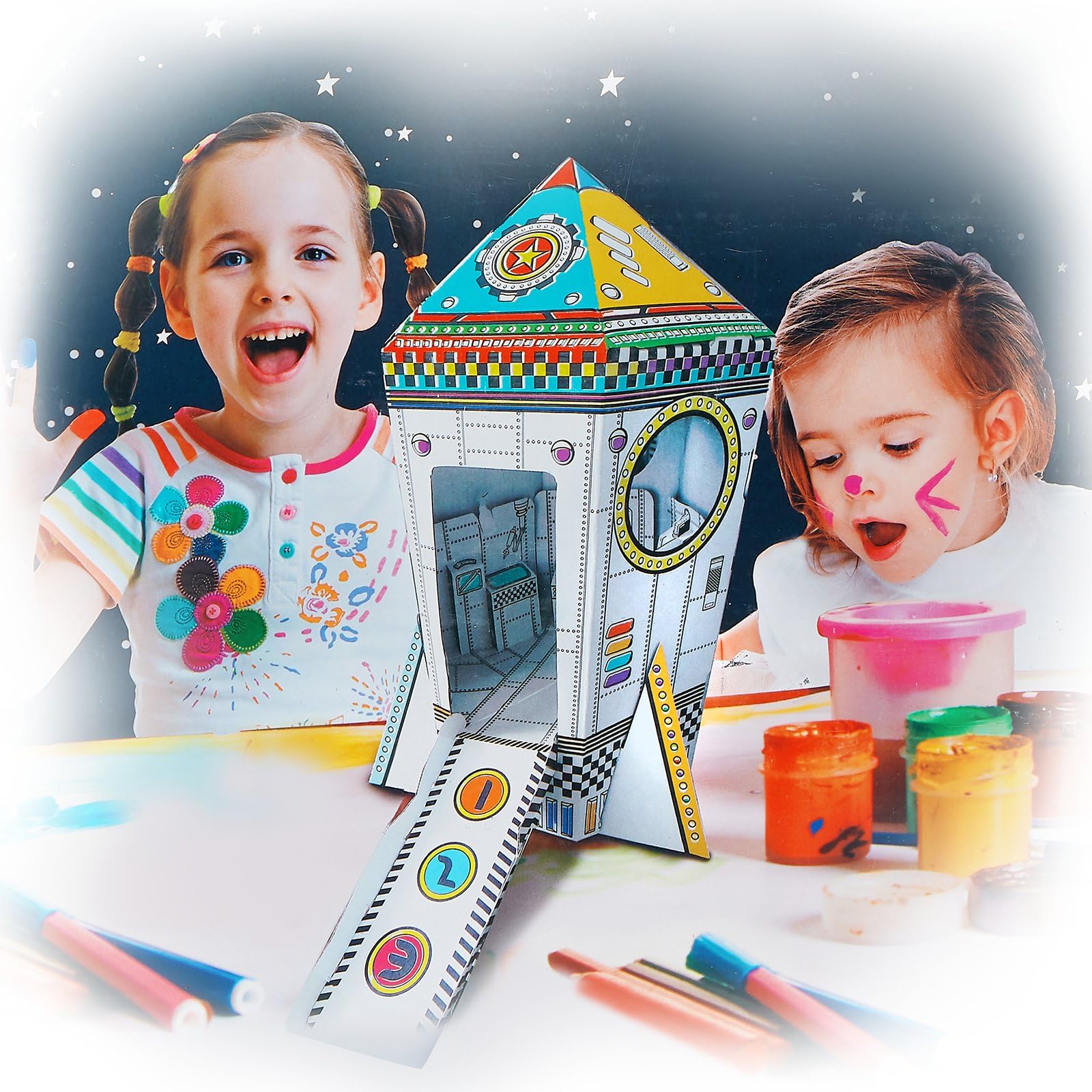 My Mini Rocket Ship Cardboard Playhouse for Kids to Color, Create your Own Indoor Fort, Life Size, Foldable for Easy Storage, by Spiritoy