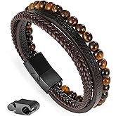 Ailetop Gifts for Men - Mens Bracelet, Braided Leather Beaded Bracelets Mens Jewelry 6mm Tiger Eye Lava Rock Stone Handmade Bracelet With Adjustable Magnetic Clasp