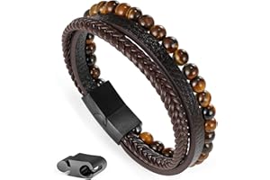 Ailetop Gifts for Men - Layered Leather Beads Bracelet, Tiger Eye Lava Rock Stone Braided Leather Bracelets for Men Adjustable Magnetic Clasp Birthday Gifts