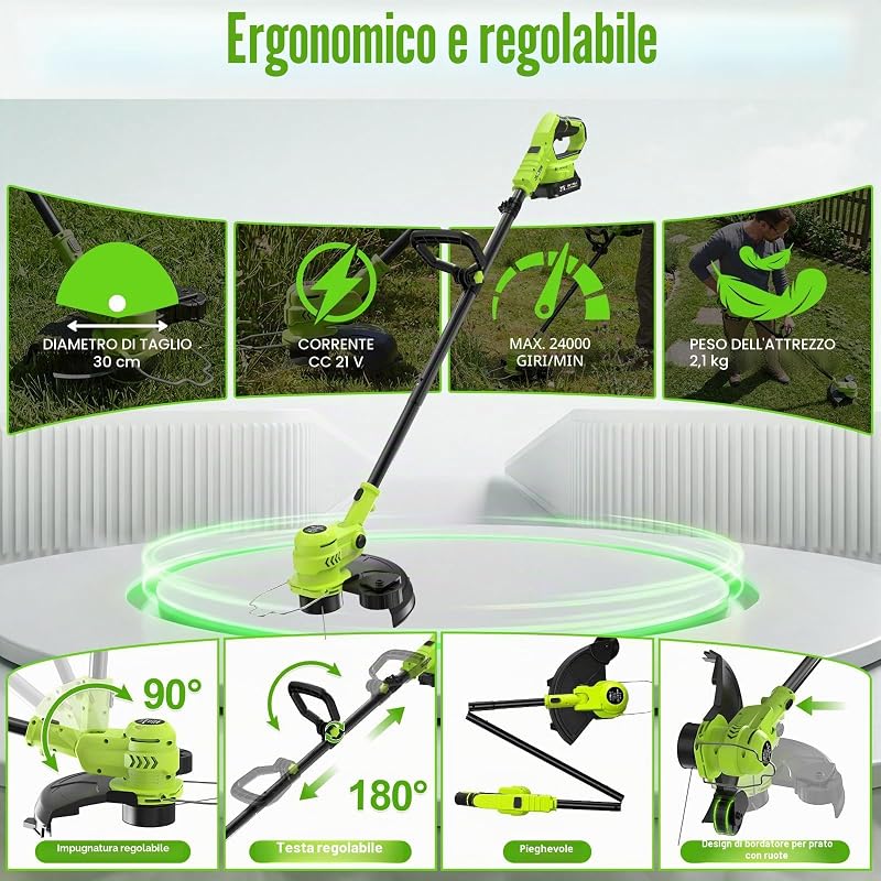 21V Tagliabordi elettrico a batteria con schermo LCD, ruote (30 cm), alimentazione automatica del filo, 8 bobine incluse, testina regolabile e multifunzionale (Linea Pro Giardino)