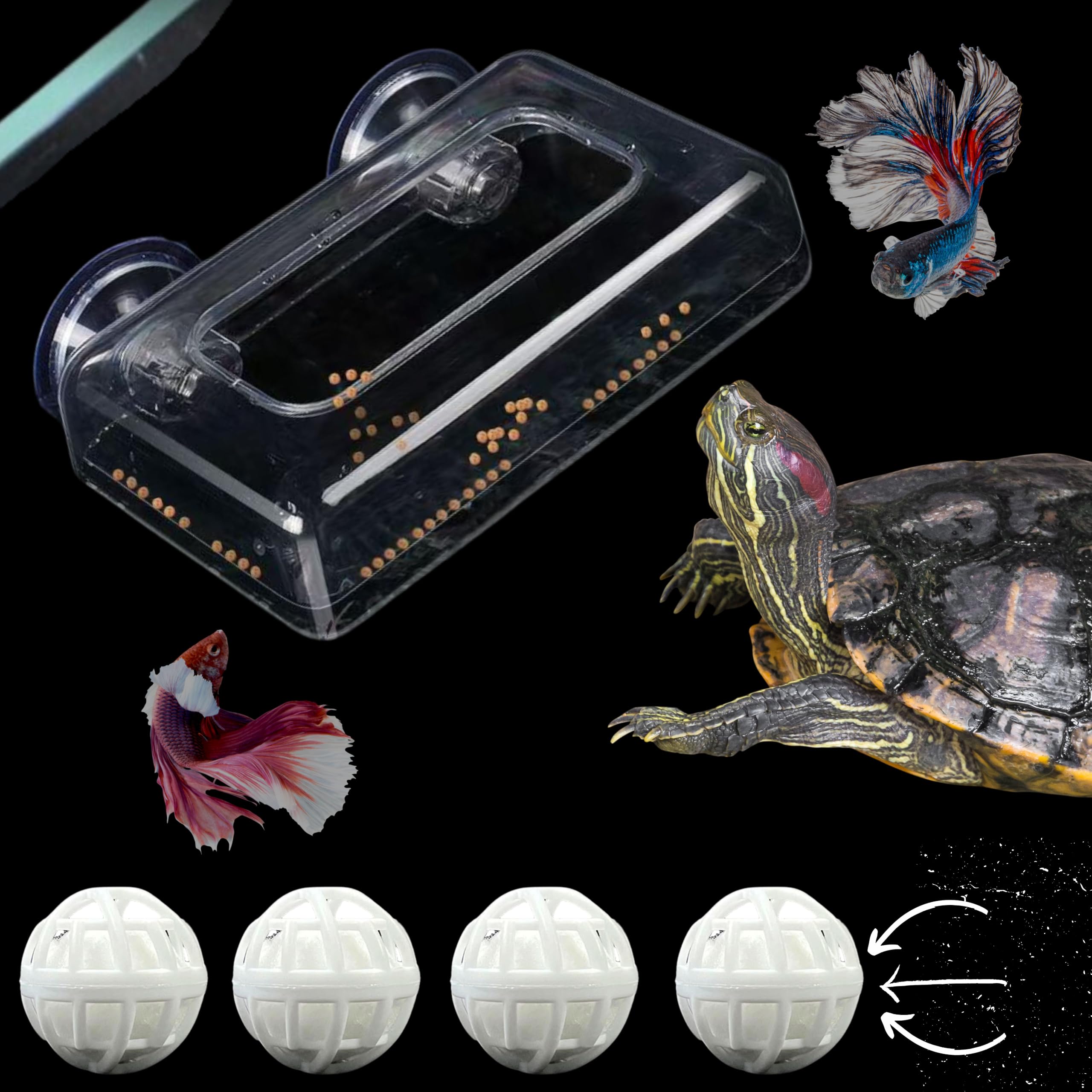 Photo 1 of Acrylic Fish Feeding Box Ring for Turtle with Filter Ball Set, Fish Feeder Ring and Nitrifying Ball, Betta Feeding Floating, Turtle Enrichment Toys, Floating Betta Food Holder (Clear, L)