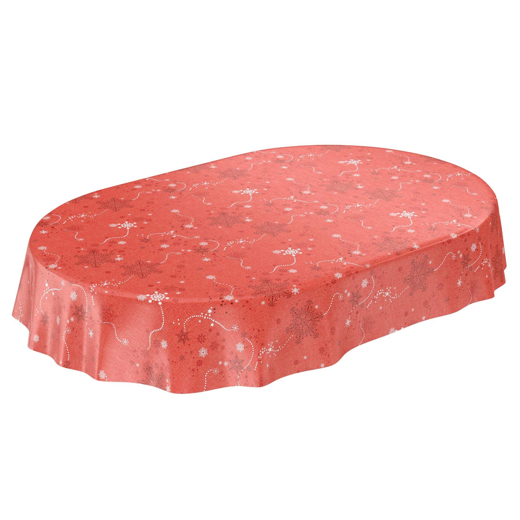 ANRO Oilcloth Tablecloth Christmas Snowflakes Red Oval 180 x 140 cm Edged