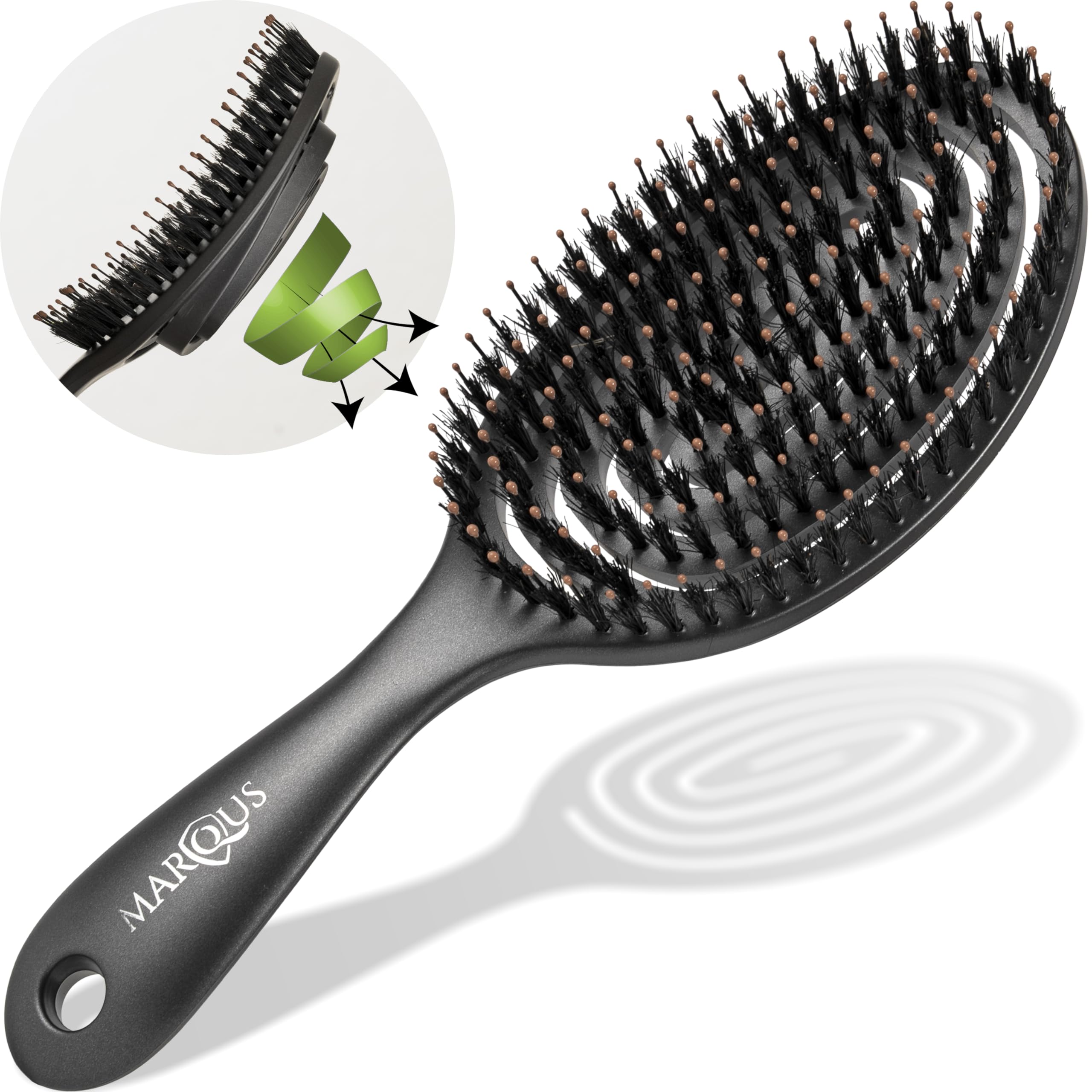 marQus Boar Bristle Hair Brush - Suitable for Every Hairtype with Extra Bristles - Made from Environmentally Friendly Bio-Plastic, Black