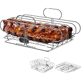 Yukon Glory Space-Saving Rib Rack, Stainless, Holds 4 Full Racks | Collapsible for storage, rust-proof, dishwasher safe. Gas, charcoal, pellet, campfire grills.