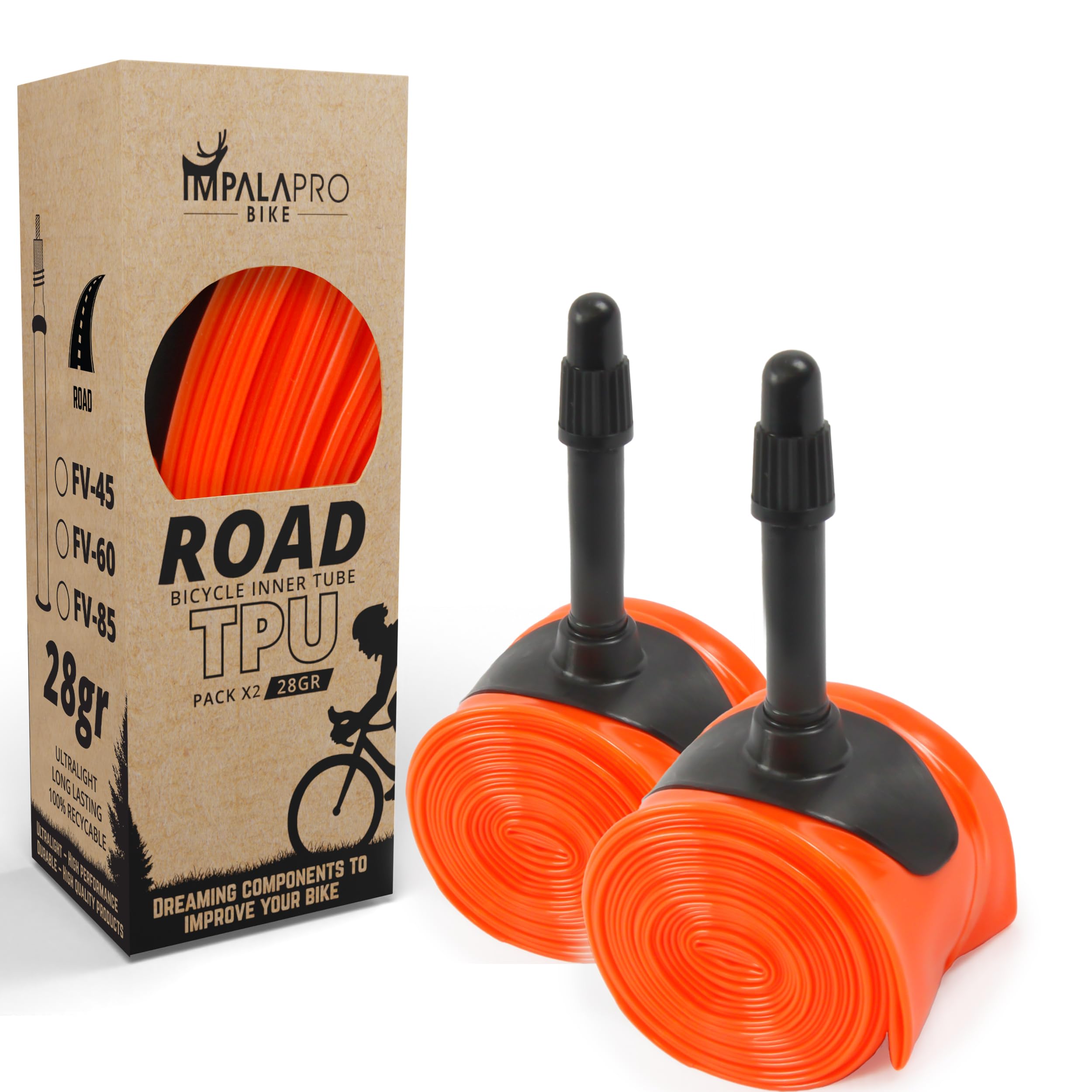 IMPALAPRO Ultralight TPU Inner Tube 700C 28g Compatible with 700x18/23/25/28/30/32C Presta Valve 45/65/85mm -TPU Road Bicycle Tire 28'' - 700C Bike Inner Tube (2Pcs - Val 45mm)