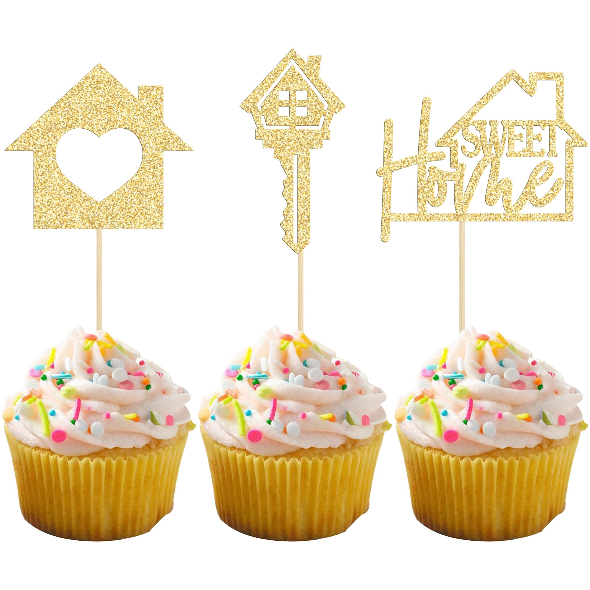 Gyufise 24PCS Sweet Home Cupcake Toppers Gold Glitter Key Housewarming Cupcake Picks New Home Theme Party Cake Decorations Supplies