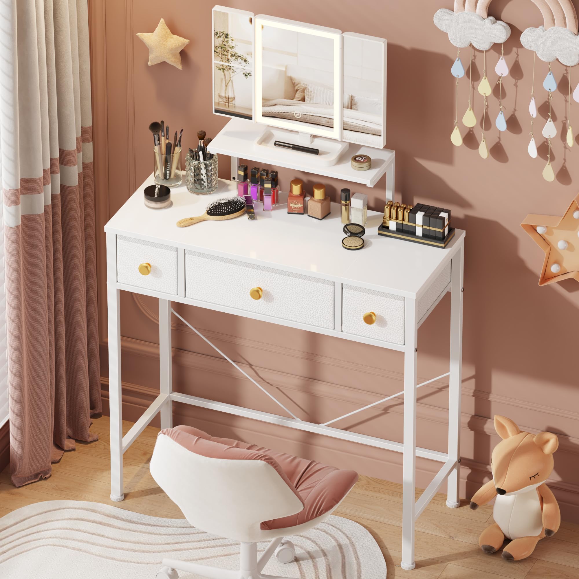 Photo 1 of HIGDBFE Small Makeup Vanity Desk 27.5''W with Mirror and Lights, Vanity Desk with 3 Fabric Drawers and Height-Adjustable Stand, Vanity Table for Girls Gifts, Bedroom and Small Spaces, White