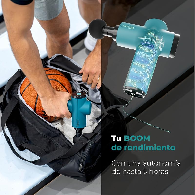 Antelope BOOM Arma de Massagem Muscular, Pistola de Massagem Compacta com 4 acessórios, para relaxamento e regeneração, massagem poderosa nos pontos gatilho, 5 níveis de intensidade e bateria